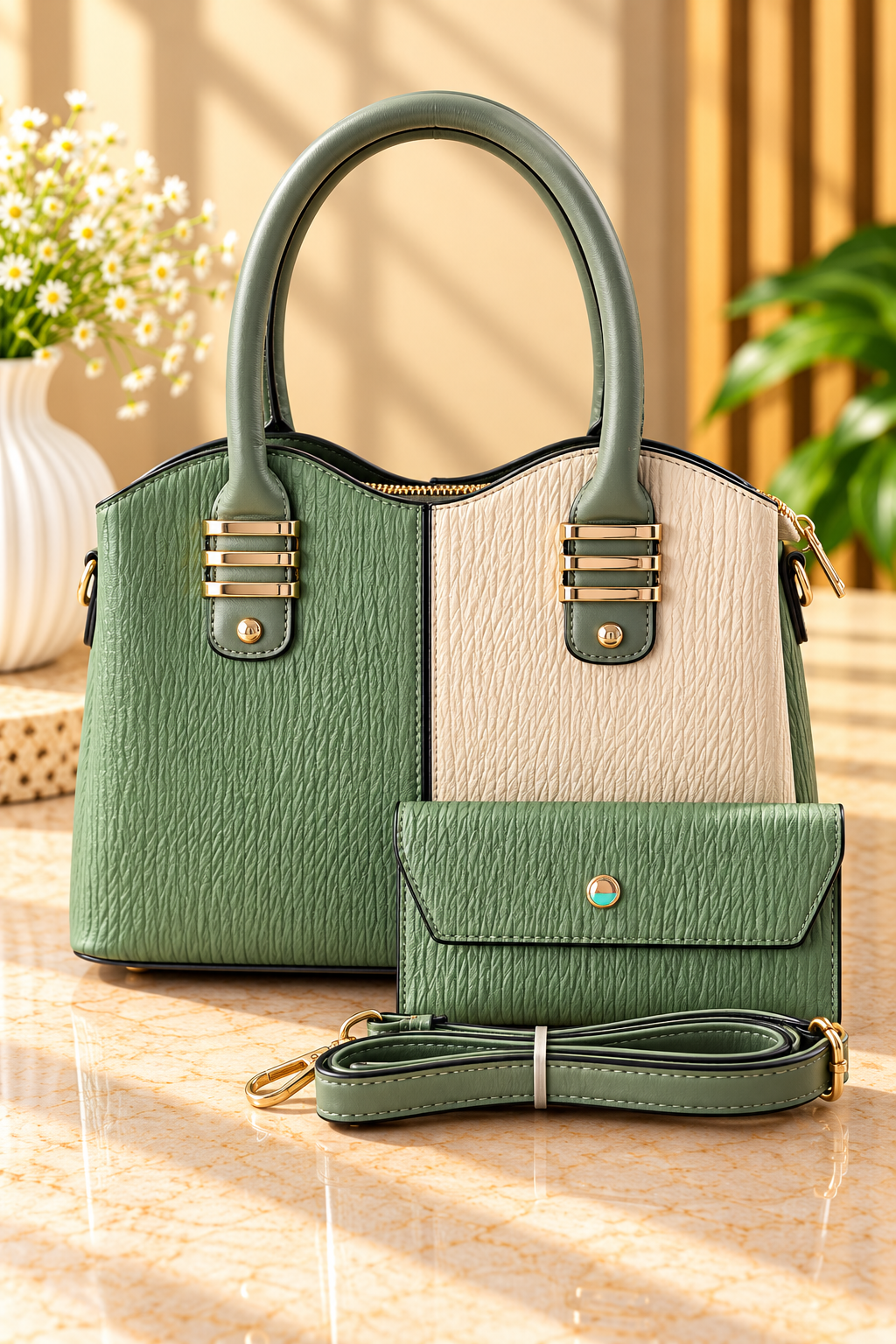 Sage Green & Ivory Handbag Set